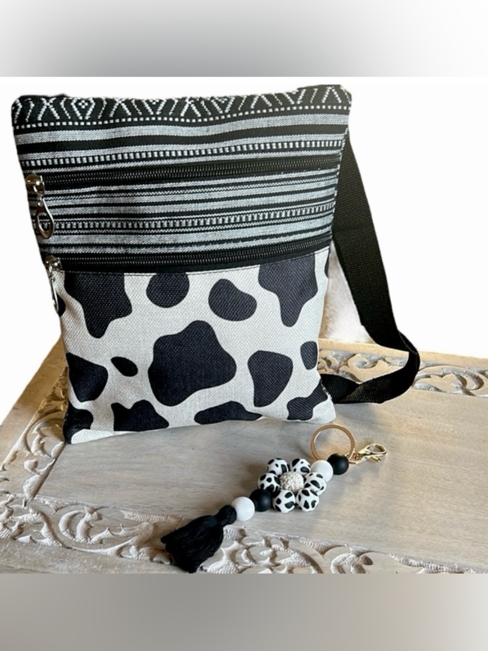 Chic Black & White Cow Print Crossbody Bag Canvas & Cow Print Silicone Keychain